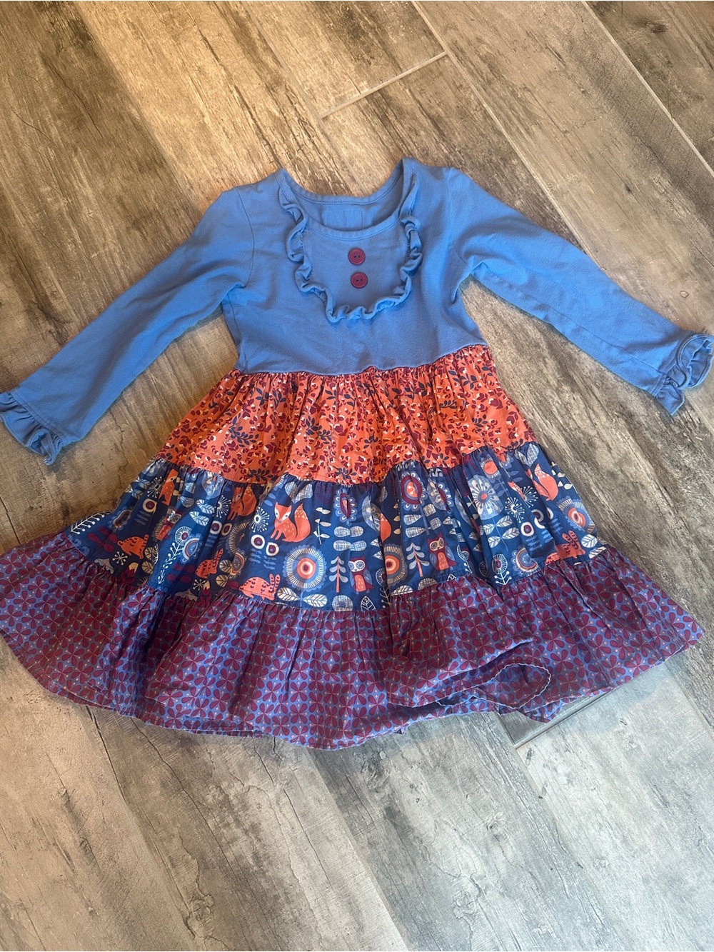 Eleanor Rose Blue Bodice with Coral and Navy Tiered Print Dress